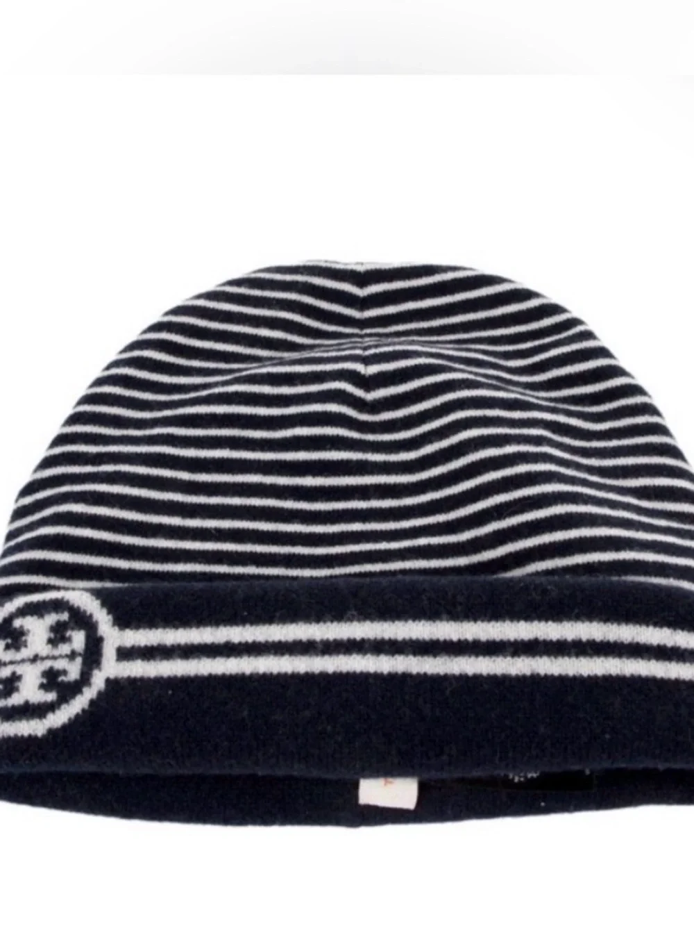 Tory Burch Navy and White Striped Logo Beanie